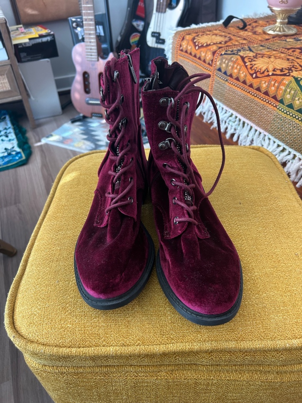 Circus by Sam Edelman Burgundy Velvet Lace-Up Combat Boots